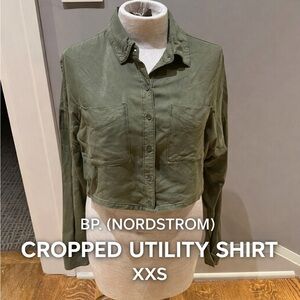BP. Nordstrom Olive Utility Shirt cropped XXS Rayon Button Front